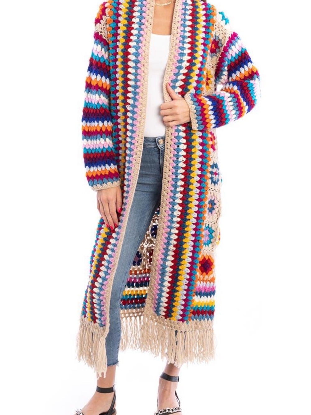 SAACHI Multicolor Crochet Long Cardigan with Fringe